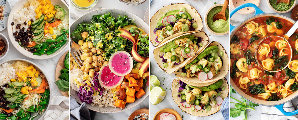A composite of two healthy bowls, tacos, and a soup